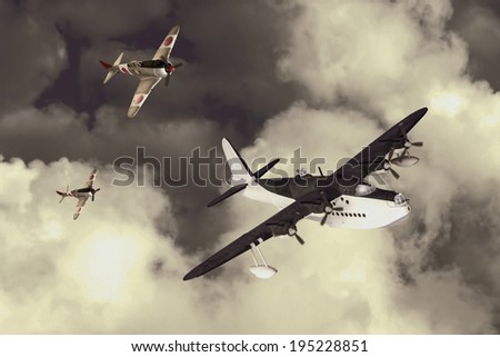 Artists recreation of a World War 2 fight between fighters and a flying boat.