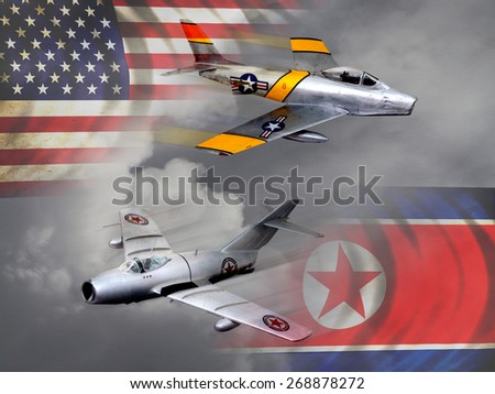 'Vintage style' Korean War aircraft digital illustration. USA vs Russian made vintage figheter jets.