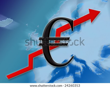 Euro symbol finance going up on european map background illustration
