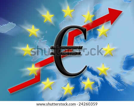 Euro symbol finance going up on european map background illustration