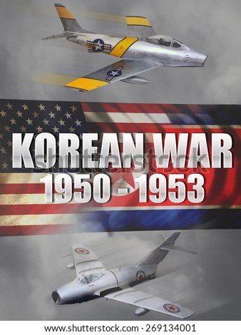 \'Vintage style\' Korean War aircraft digital illustration banner or background.