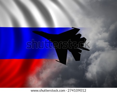 (Computer illustration) Silhouette of a modern, Russian made, 4th generation, Su-27 Flanker against a Russian flag and cloudy sky.