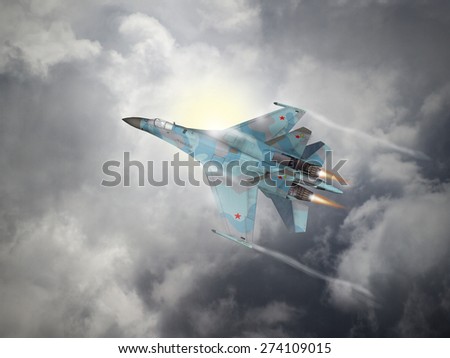 (Computer illustration) 3D Render of a modern, Russian made, 4th generation, Su-27 Flanker against a Russian flag and cloudy sky.