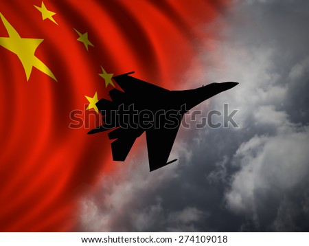 (Computer illustration) Silhouette of modern, Russian designed, 4th generation, Su-27 Flanker against a Chinese flag and clouds.