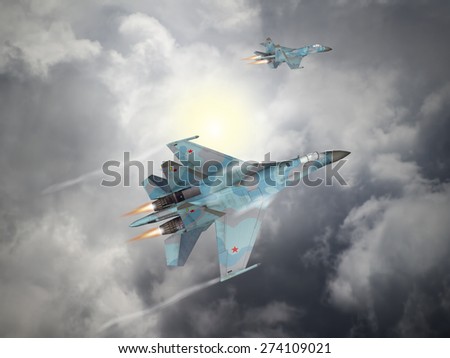(Computer illustration) 3D Render of 2 modern, Russian made, 4th generation, Su-27 Flanker flying in a cloudy sky.