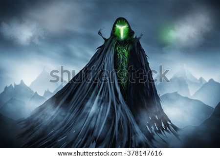 Illustration of a Grim Reaper or fantasy evil spirit with a mountain background. Digital painting.