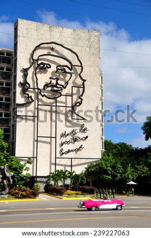 HAVANA, CUBA - DECEMBER 15 2014: Historic building of the Cuban revolution with the Che symbol that remain the same after 50 years