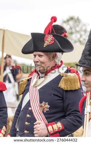 Italy, Tolentino   01  May 2015: Austrian army general in full dress uniform, on a visit to the troops before the battle, vertical photo, natural light