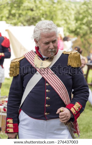 Italy, Tolentino  01  May 2015: commemoration of the bicentennial of the Battle of Tolentino,Austrian army general in full dress uniform, on a visit to the troops before the battle, vertical photo