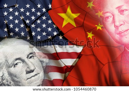 Serious trade tension or trade war between US and China, financial concept : Flags of USA and China with faces of Gorge Washington and Mao Zedong, depicts trade deficit between Washington and Beijing.