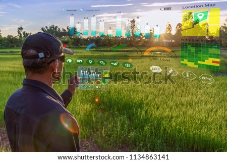 Smart farming with IoT, futuristic agriculture concept : Farmer wears VR or AR glasses while monitoring rainfall, temeprature, humidity, soil pH with immersive experience on digital holographic screen