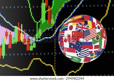 Flags globe over the display of daily stock market chart of financial instruments for technical analysis including Japanese candlestick and Bollinger analysis. Global stock market investment concept.