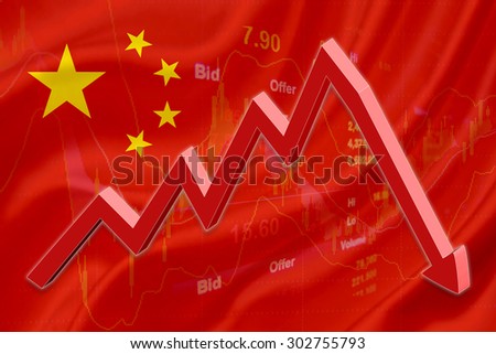 Flag of China with a chart of financial instruments for stock market analysis and a red downtrend arrow indicates the stock market enter recession period.