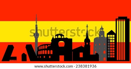 illustration of the main attractions of Spain on the background of the flag.