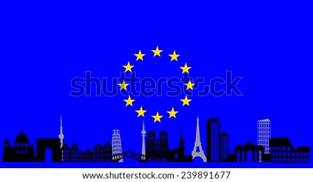 illustration of the main attractions of Europe on the background of the flag .