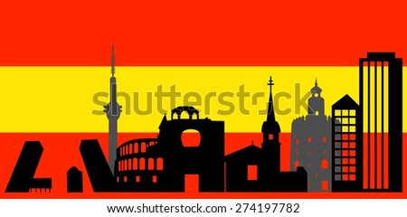 illustration of the main attractions of Spain on the background of the flag .