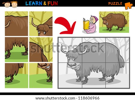Cartoon Illustration of Education Puzzle Game for Preschool Children with Funny Yak Bull Animal