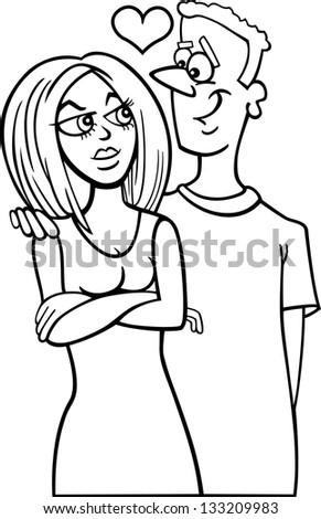 Black And White Cartoon Vector Illustration Of Man And Woman Couple In