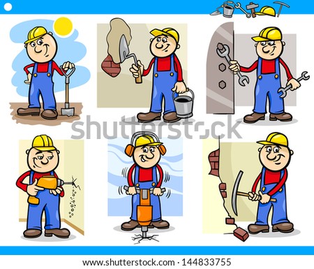 Cartoon Vector Illustration of Funny Manual Workers or Workmen at Work Characters Set Cartoon Vector Illustration of Funny Manual Workers or Workmen at Work Characters Set
