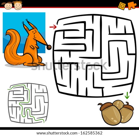 Cartoon Vector Illustration of Education Maze or Labyrinth Game for Preschool Children with Funny Squirrel Animal and Acorns