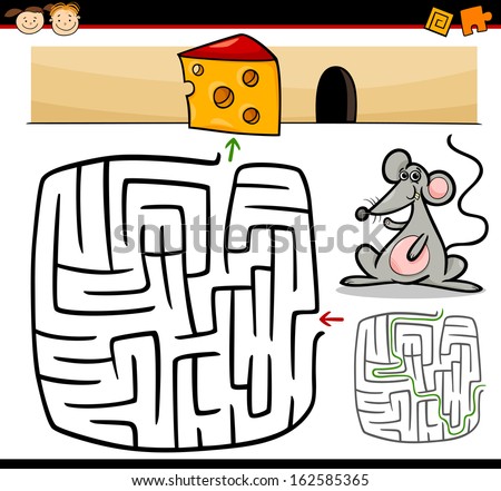 Cartoon Vector Illustration Of Education Maze Or Labyrinth Game For Preschool Children With Funny Mouse Animal And Cheese