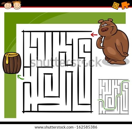 Cartoon Vector Illustration Of Education Maze Or Labyrinth Game For Preschool Children With Funny Bear Animal And Barrel Of Honey