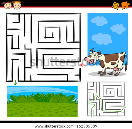 Cartoon Vector Illustration of Education Maze or Labyrinth Game for Preschool Children with Funny Cow Farm Animal