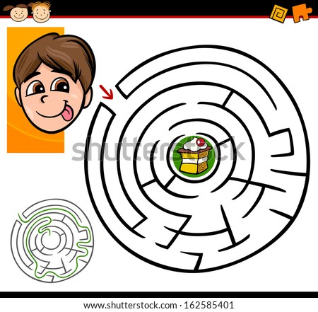 Cartoon Vector Illustration of Education Maze or Labyrinth Game for Preschool Children with Cute Boy and Tasty Cake