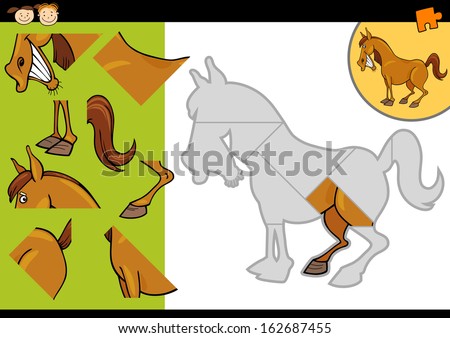Cartoon Vector Illustration Of Education Jigsaw Puzzle Game For Preschool Children With Funny Horse Farm Animal