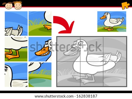 Cartoon Vector Illustration of Education Jigsaw Puzzle Game for Preschool Children with Funny Duck Farm Bird