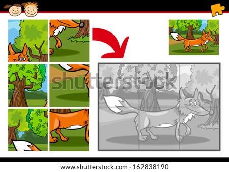 Cartoon Vector Illustration Of Education Jigsaw Puzzle Game For Preschool Children With Funny Fox Wild Animal