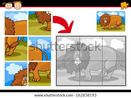 Cartoon Vector Illustration Of Education Jigsaw Puzzle Game For Preschool Children With Funny Lion Wild Animal