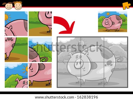Cartoon Vector Illustration Of Education Jigsaw Puzzle Game For Preschool Children With Funny Pig Farm Animal