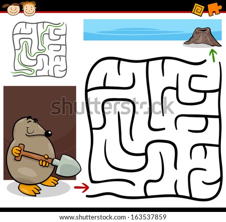 Cartoon Vector Illustration of Education Maze or Labyrinth Game for Preschool Children with Funny Mole with Shovel