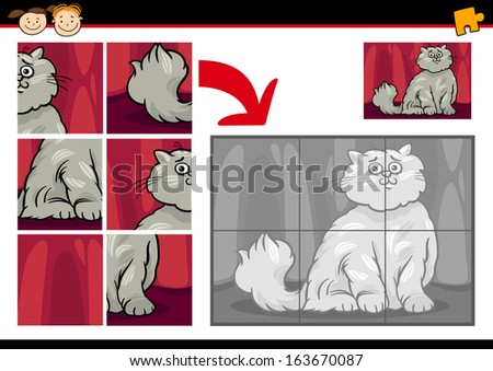 Cartoon Vector Illustration Of Education Jigsaw Puzzle Game For Preschool Children With Funny Persian Cat