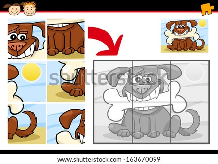 Cartoon Vector Illustration of Education Jigsaw Puzzle Game for Preschool Children with Funny Dog and Bone