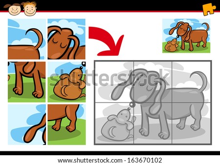 Cartoon Vector Illustration Of Education Jigsaw Puzzle Game For Preschool Children With Funny Dog Mum And Puppy