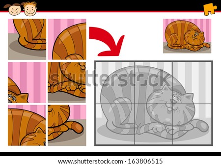Cartoon Vector Illustration Of Education Jigsaw Puzzle Game For Preschool Children With Funny Fat Cat