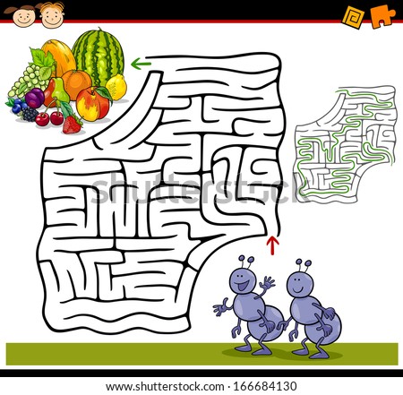 Cartoon Vector Illustration of Education Maze or Labyrinth Game for Preschool Children with Funny Ants and Fruits