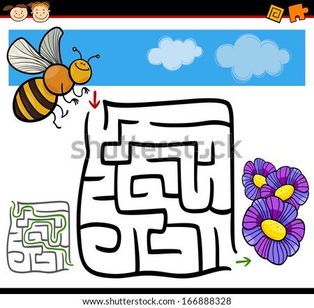 Cartoon Vector Illustration of Education Maze or Labyrinth Game for Preschool Children with Funny Bee and Flowers
