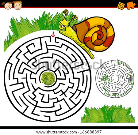 Cartoon Vector Illustration of Education Maze or Labyrinth Game for Preschool Children with Funny Snail and Lettuce or Cabbage