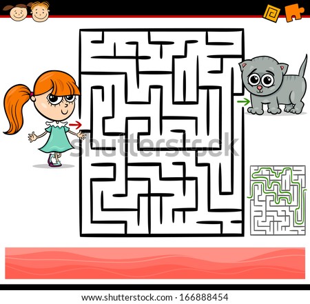 Cartoon Vector Illustration Of Education Maze Or Labyrinth Game For Preschool Children With Cute Little Girl And Baby Kitten