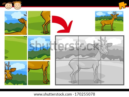 Cartoon Vector Illustration of Education Jigsaw Puzzle Game for Preschool Children with Funny Deer Animal