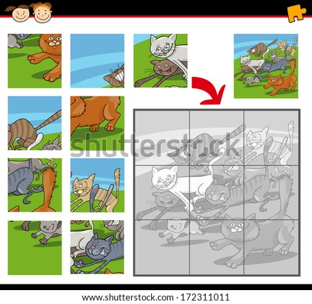 Cartoon Vector Illustration of Education Jigsaw Puzzle Game for Preschool Children with Funny running Cats Group