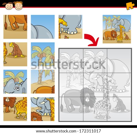 Cartoon Vector Illustration Of Education Jigsaw Puzzle Game For Preschool Children With Funny Safari Wild Animals Group