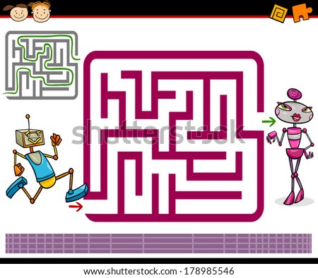 Cartoon Vector Illustration of Education Maze or Labyrinth Game for Preschool Children with Funny Robots Characters