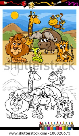 Coloring Book or Page Cartoon Vector Illustration of Scene with Wild Safari Animals Characters for Children