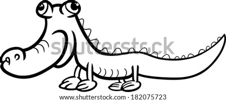 Black and White Cartoon Vector Illustration of Funny Crocodile or Lizard Reptile Animal for Coloring Book