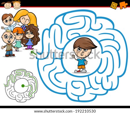 Cartoon Vector Illustration of Education Maze or Labyrinth Game for Preschool Children with Little Boy and Kids Group