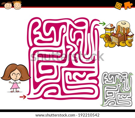Cartoon Vector Illustration of Education Maze or Labyrinth Game for Preschool Children with Little Girl and Sweets